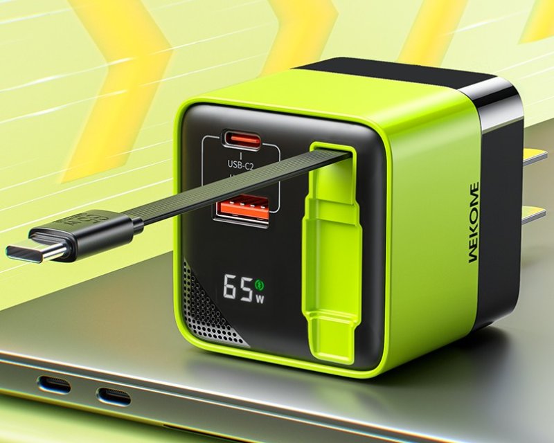 WEKOME WP-U39 Superbrzi Strujni GaN punjač, 2-porta USB (3.0 i 3.1 tip C) 65W sa displlejom i USB 3.1 tip C kablom 0.8m, žuti - Slika 2