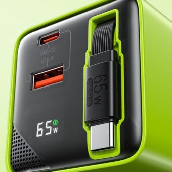 WEKOME WP-U39 Superbrzi Strujni GaN punjač, 2-porta USB (3.0 i 3.1 tip C) 65W sa displlejom i USB 3.1 tip C kablom 0.8m, žuti