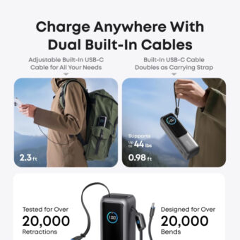 ANKER 25000mAh, 165W, sa ugrađenim USB-C kablom na izvlačenje, Power Bank srebrni