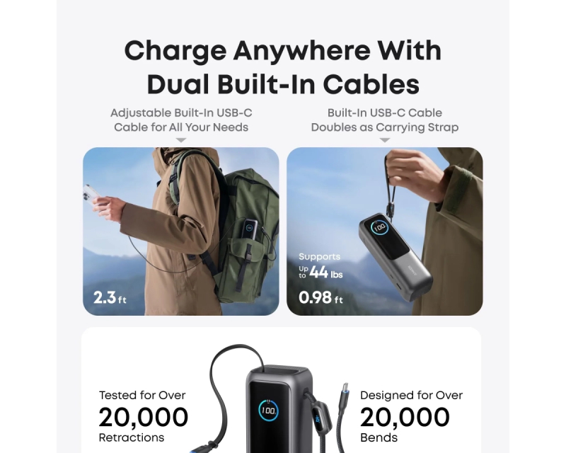 ANKER 25000mAh, 165W, sa ugrađenim USB-C kablom na izvlačenje, Power Bank srebrni