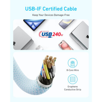 ANKER Zolo USB tip-C kabl M/M 1.8m, za Apple, super brzo punjenje 240W/480Mbps, pleteni, crni