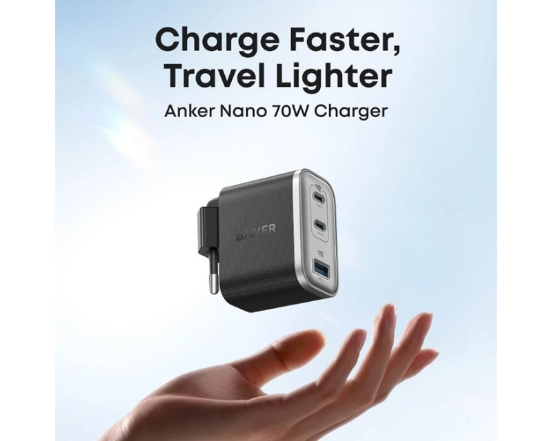 ANKER Prime 70W GaN zidni brzi punjač, 3-porta (2x USB-C i 1x USB-A) crni