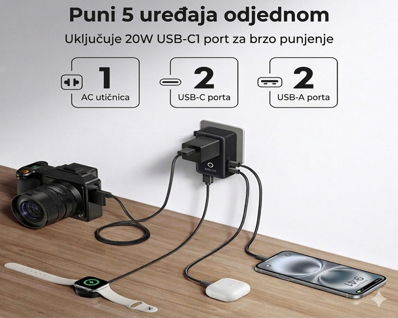 ANKER Nano 20W putni zidni punjač 5-portova (2x USB-A, 2x USB-C, utičnica EU na US, UK, AU i EU), crni - Slika 2