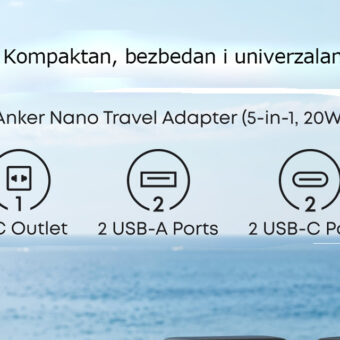 ANKER Nano 20W putni zidni punjač 5-portova (2x USB-A, 2x USB-C, utičnica EU na US, UK, AU i EU), crni