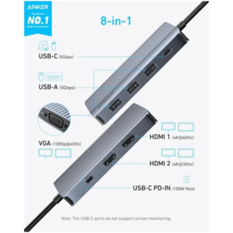 ANKER USB-C Data Hub, 8u1, Triple Display, PD 85W doking stanica siva