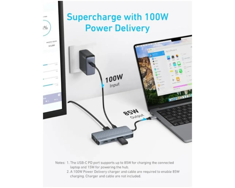 ANKER USB-C Data Hub, 8u1, Triple Display, PD 85W doking stanica siva - Slika 2