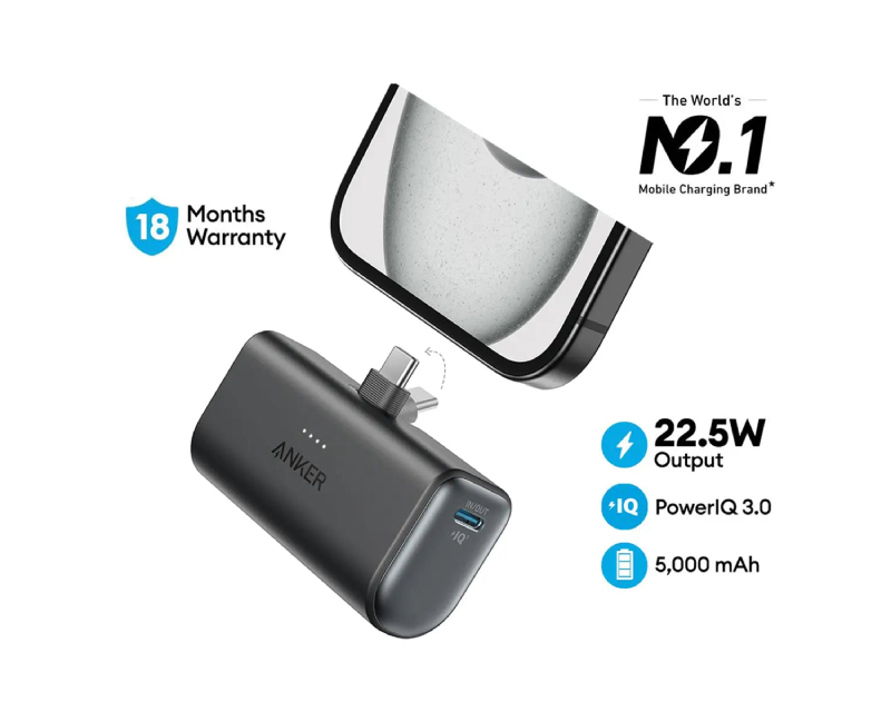 ANKER Nano 5000mAh, 22.5W, sa ugrađenim USB-C konektorom, Power Bank crni - Slika 3